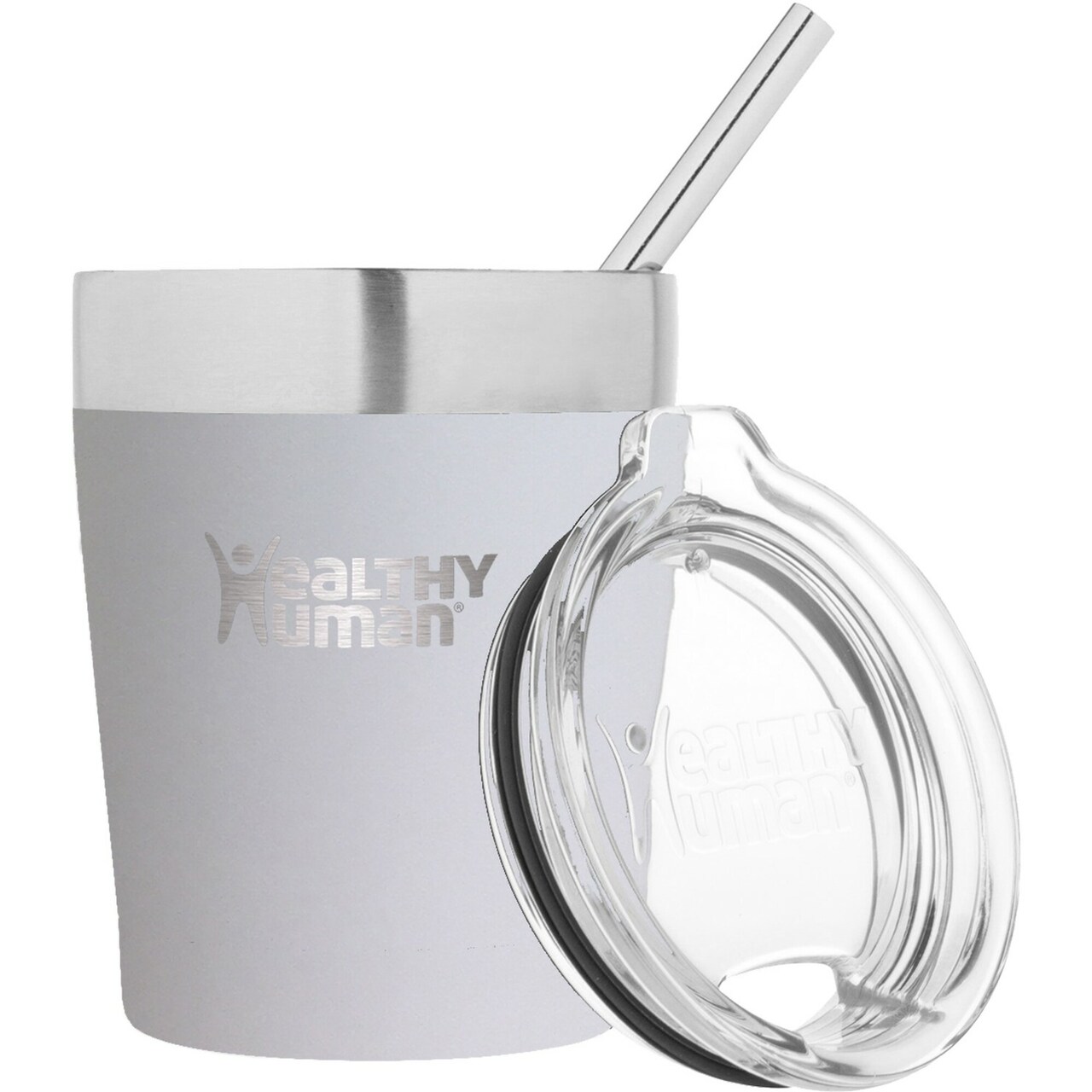Healthy Human Stainless Steel Tumbler with Straw | Splash Proof Insulated Travel Cruiser Cup | Eco-Friendly Coffee Tumblers with Straws Cleaner & Splash Proof Lid (12oz, Pure White)